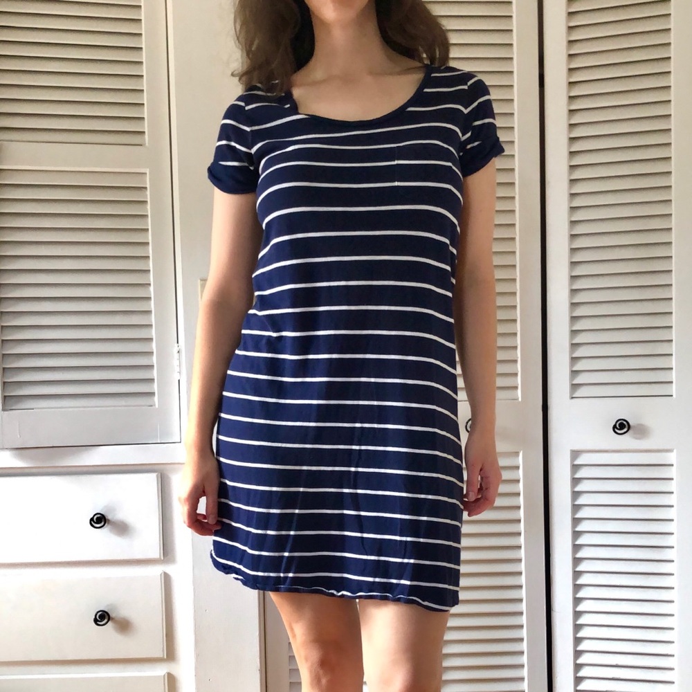 Casual Navy White Striped T-Shirt Dress